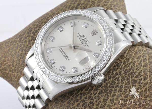 Rolex Datejust 36mm Stahl Automatik Diamantenbesatz Ref. 16234 Box & Papiere